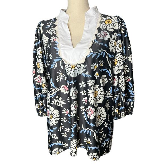 SMITH & QUINN Women's Blouse in Black w/Floral Print Elastic Cuffs Size Small - Picture 1 of 6